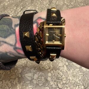 Vince Camuto VC5088GMBK Square Gold Tone Double Wrap Black Leather Strap Watch